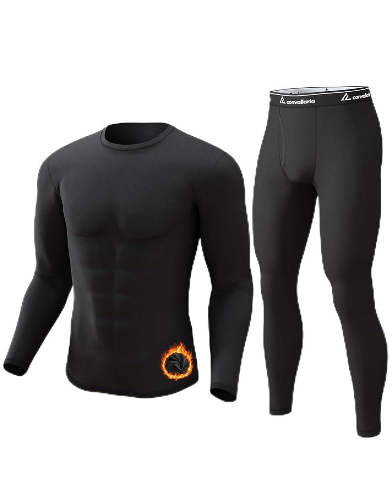 CL convallaria Long Johns Thermal Underwear for Men Soft Fleece Lined Base Layer Cold Weather Top Bottom Gift Set Midweight Crew Neck Black Medium - Image 1